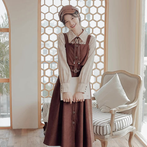 Suede Button Up Cami Pinafore Dress Set