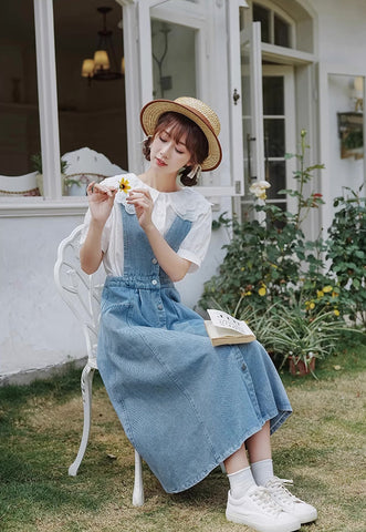 Button Denim Midi Pinafore Dress