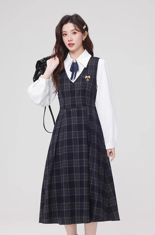 Oxford Plaid Midi Pinafore & Blouse Set