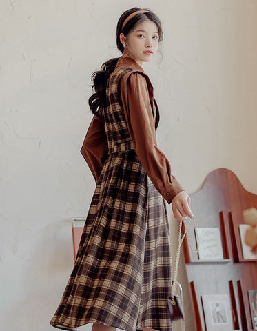 Crepe Plaid Pinafore Dress Set