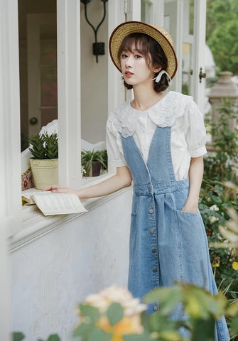 Button Denim Midi Pinafore Dress