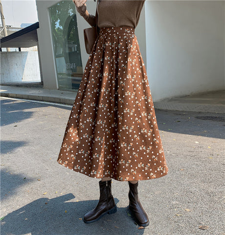 Raining Flowers Corduroy Midi Skirt