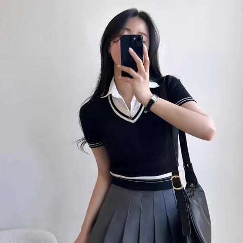 Knitted Polo Cropped Twofer Blouse