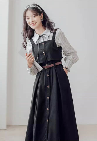 Suede Button Up Cami Pinafore Dress Set