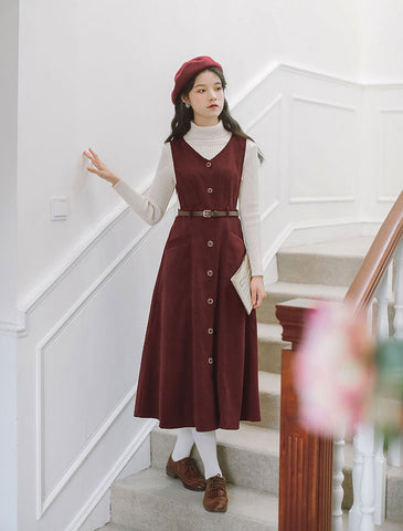 Button Up Suede Pinafore Dress