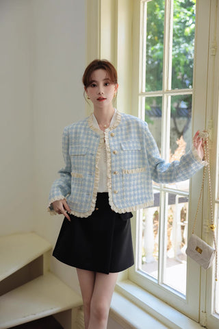 Gingham Lace Trim Tweed Jacket