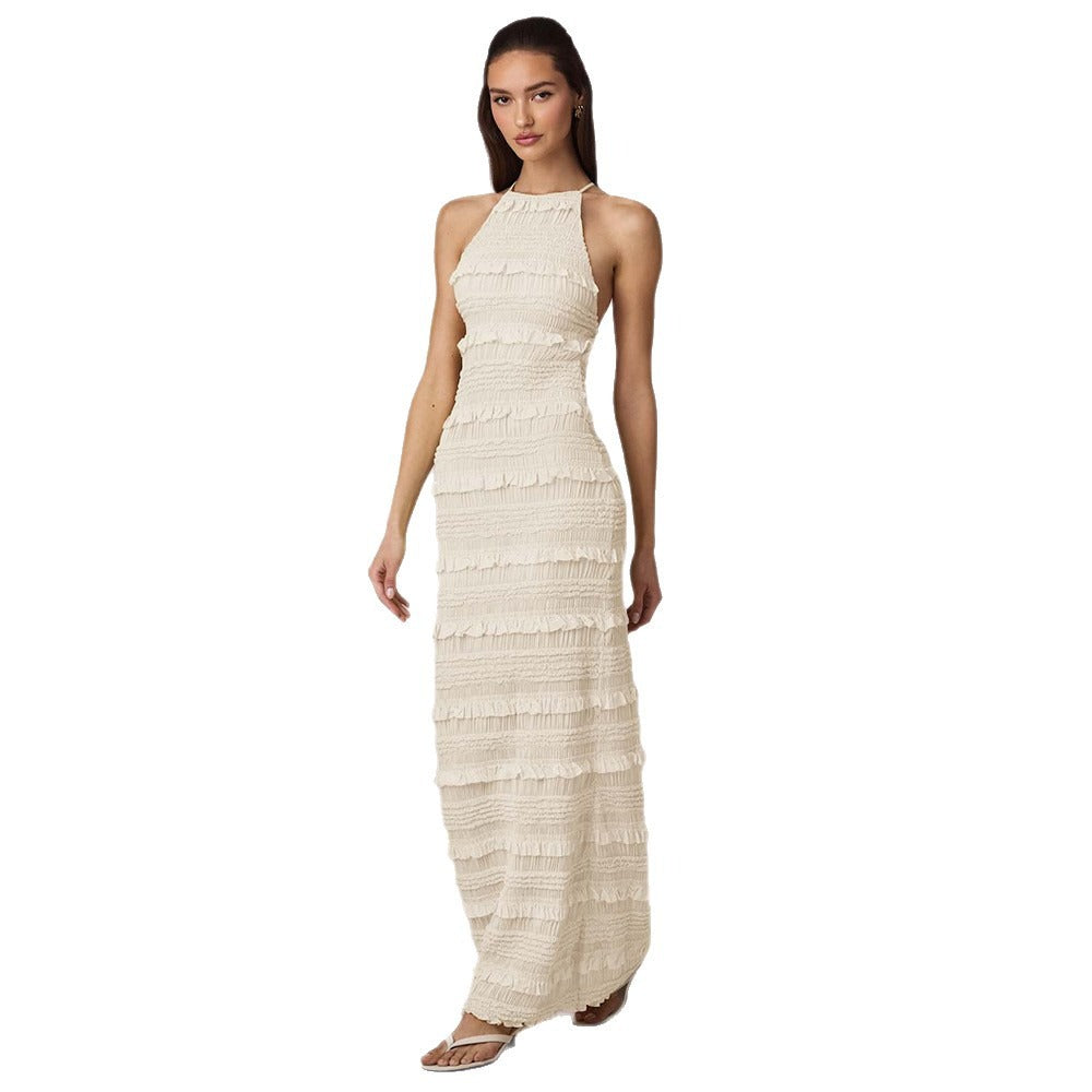 Ruffle Lace Backless Halter Neck Dress