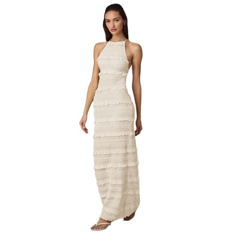 Ruffle Lace Backless Halter Neck Dress