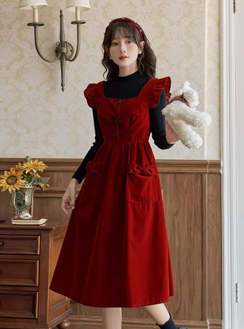 Velvet Frilly Bow Pinafore Dress