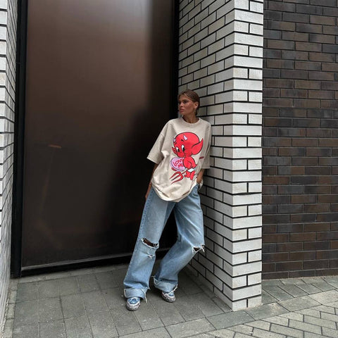 Loose Short-Sleeved Devil Print T-shirt