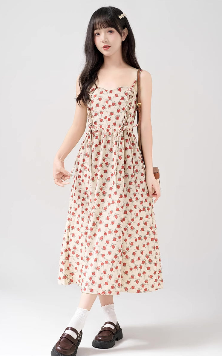 Lace Up Floral Cami Midi Dress