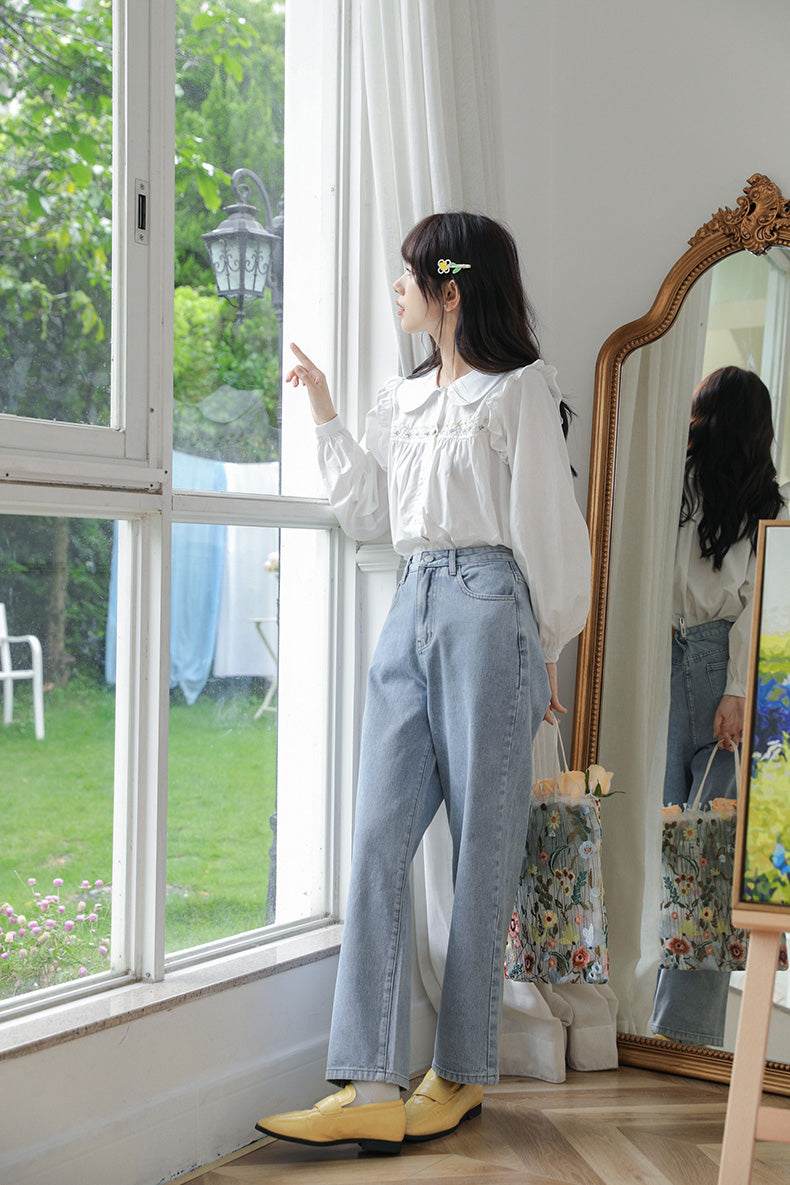 Mushroom Embroidered Mom Jeans