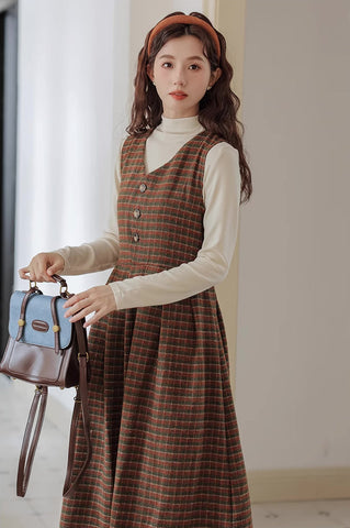 Fallen Leaves Plaid Pinafore Dress Set