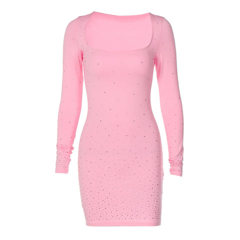 Pink Rhinestone U Neck Mini Dress