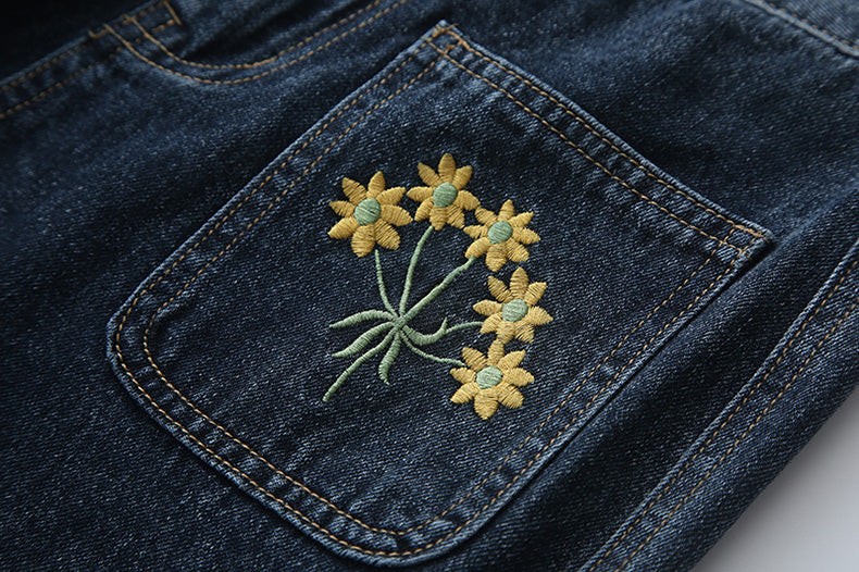 Embroidered Sunflower Pocket Jeans