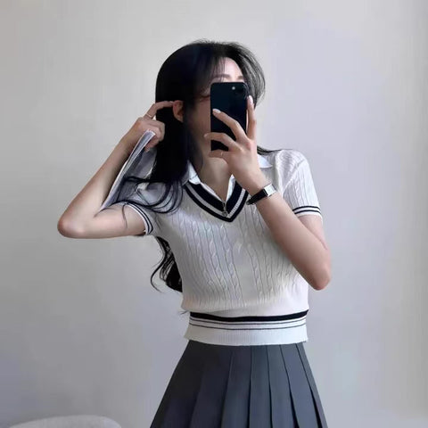 Knitted Polo Cropped Twofer Blouse