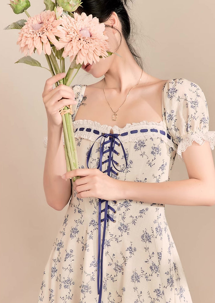 Porcelain Rose Lace Up Midi Dress