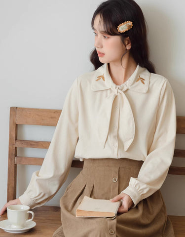 Leafy Corduroy Tie-Neck Blouse