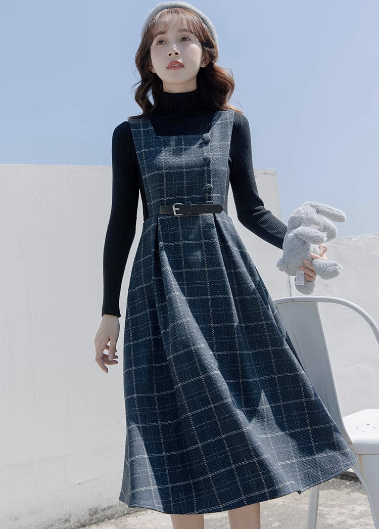 Belted Plaid Pinafore Dress