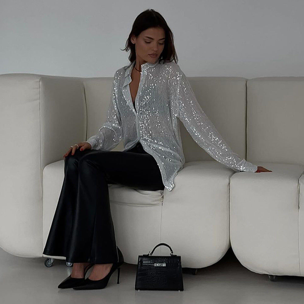 Glitter Sheer Mesh Top Long Sleeve Button Down Sequin Shirt