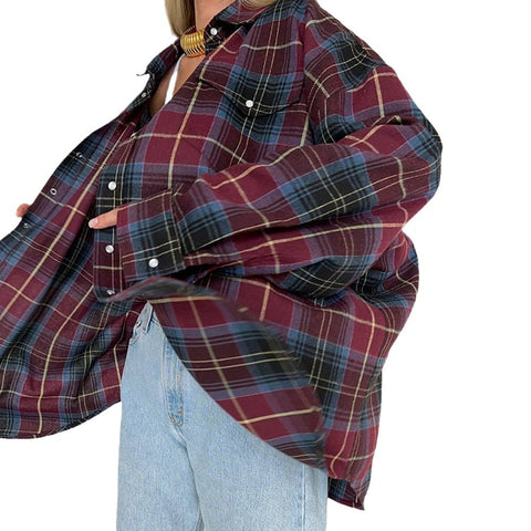 Lapel Loose Shirt Plaid Long Sleeve Shirt