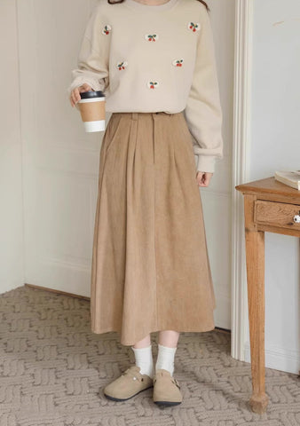 Belted Corduroy Midi Skirt