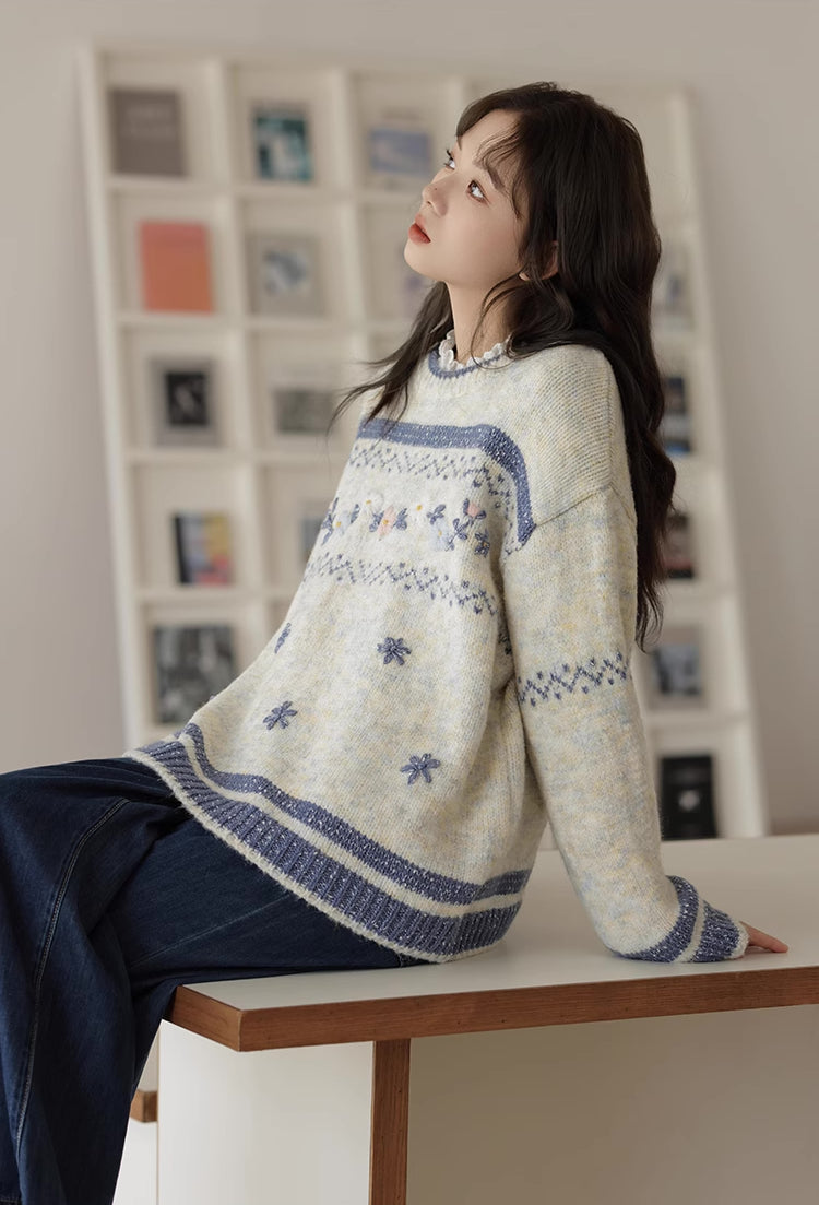 Embroidered Floral Fair Isle Sweater