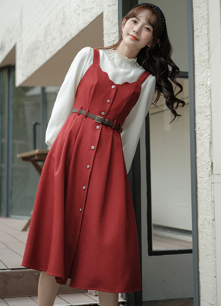 Camisole-Kleid mit Muschelsaum und Knopfleiste