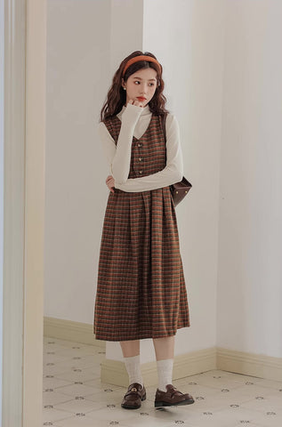 Fallen Leaves Plaid Pinafore Dress Set