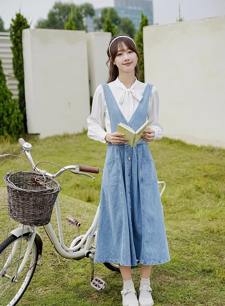 Button Denim Midi Pinafore Dress