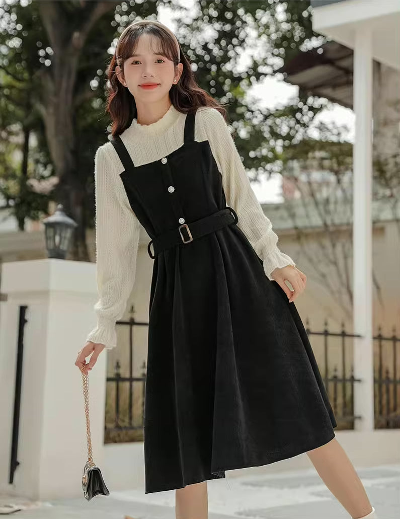 Corduroy Knit Belted Twofer Midi Dress