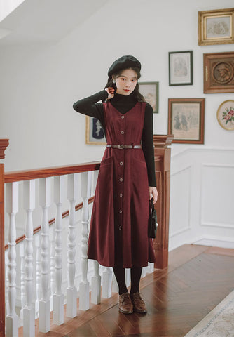 Button Up Suede Pinafore Dress