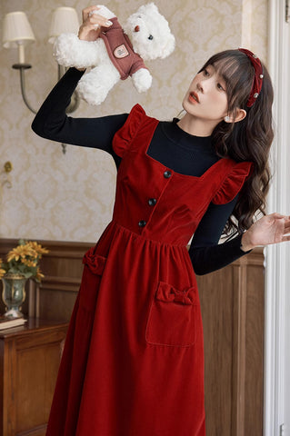 Velvet Frilly Bow Pinafore Dress