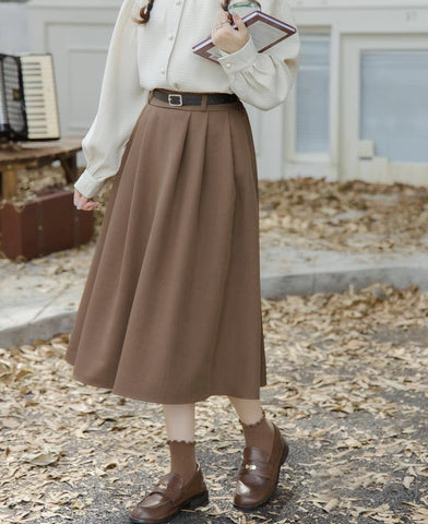 Belted Woven Midi Skirt