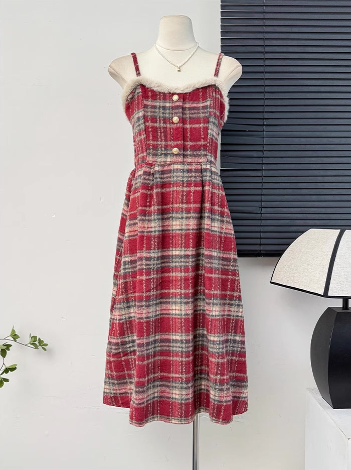 Fuzzy Plaid Midi Cami Dress