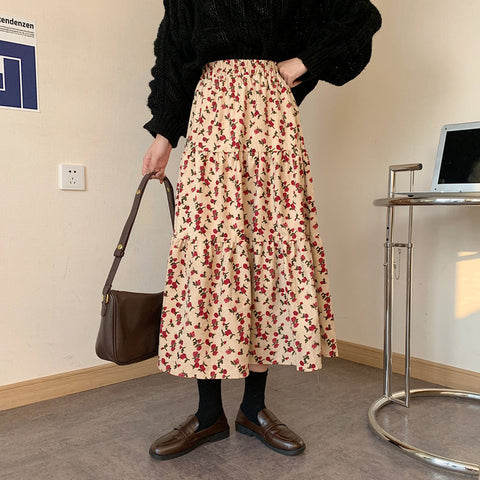 Rose Corduroy Tiered Midi Skirt