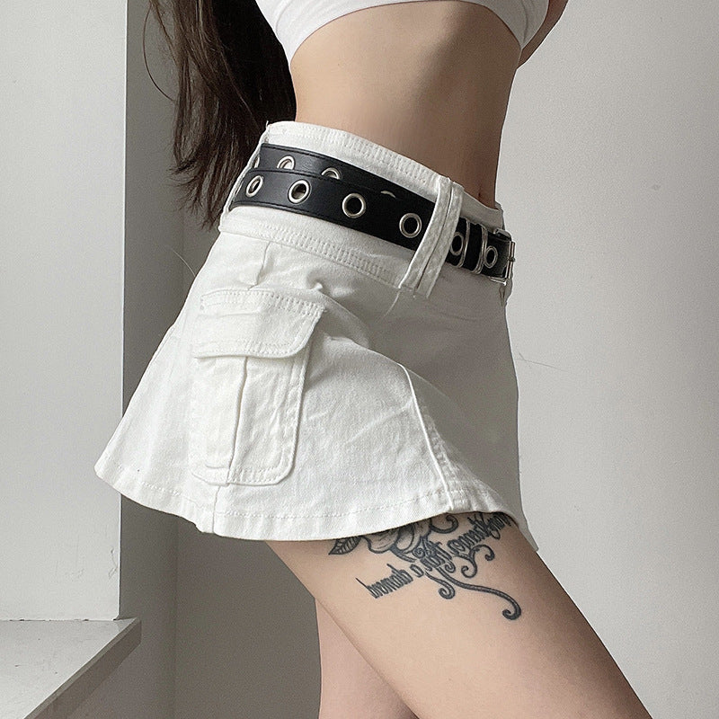 Buckle Belt Denim Cargo Mini Skirt