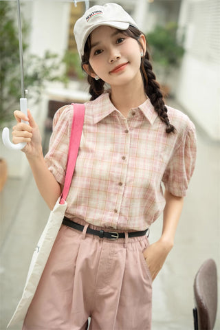 Strawberry Matcha Plaid Blouse