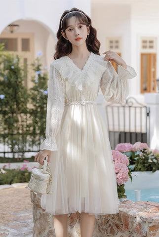 Midikleid aus Spitze und Tüll mit V-Ausschnitt