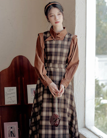 Crepe Plaid Pinafore Dress Set