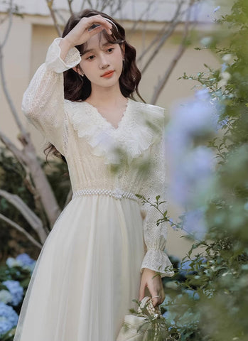 Midikleid aus Spitze und Tüll mit V-Ausschnitt