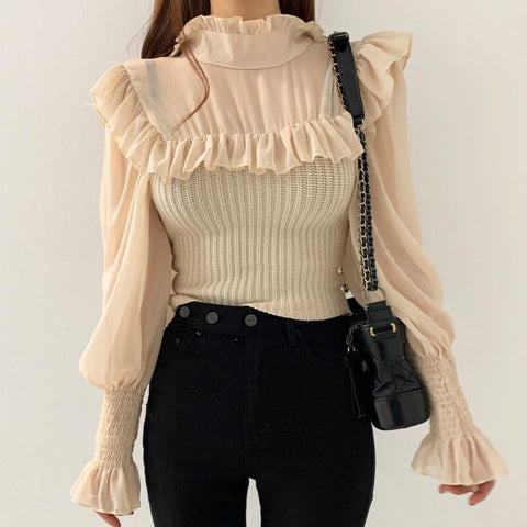 Ruffle High Neck Mixed Shirt