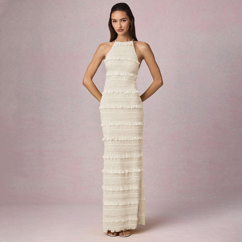 Ruffle Lace Backless Halter Neck Dress
