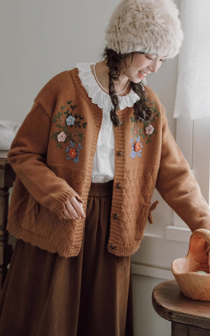 Grandma's Autumn Floral Embroidered Cardigan