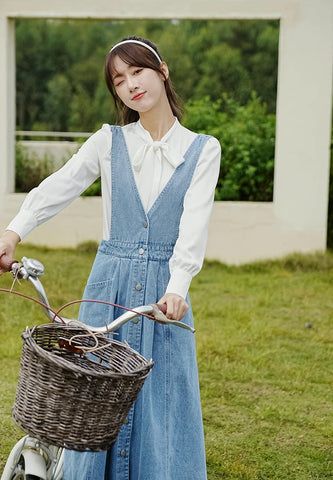 Button Denim Midi Pinafore Dress