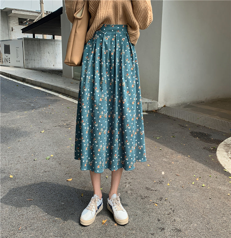 Raining Flowers Corduroy Midi Skirt