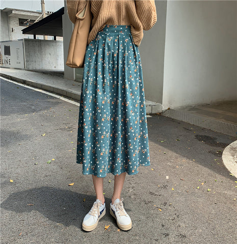 Raining Flowers Corduroy Midi Skirt