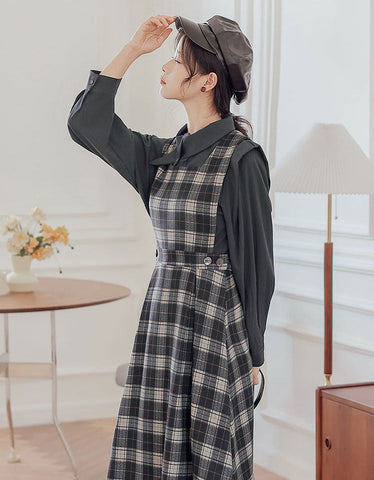 Crepe Plaid Pinafore Dress Set