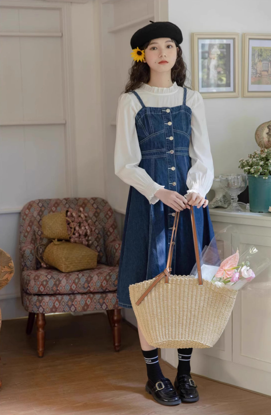Midi-Camisole-Kleid aus Denim mit Knopfleiste