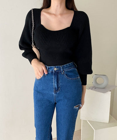 Kurzer Pullover mit gerippten Puffärmeln